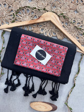 Black Handloom Cotton Saree With Red Print Blouse